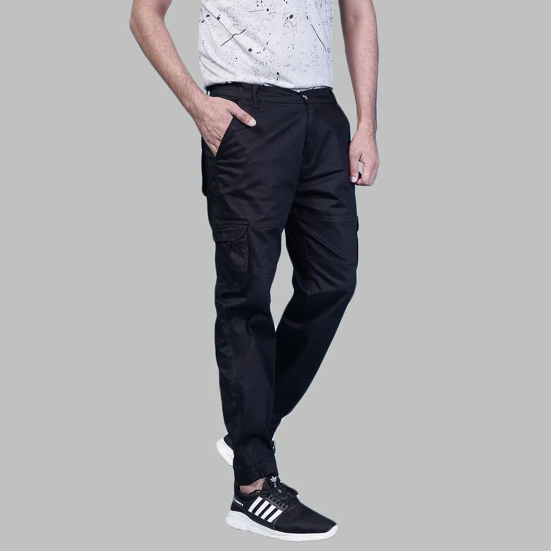 Men's Black Cotton Blend Solid Mid-Rise Regular Fit Cargo Pants