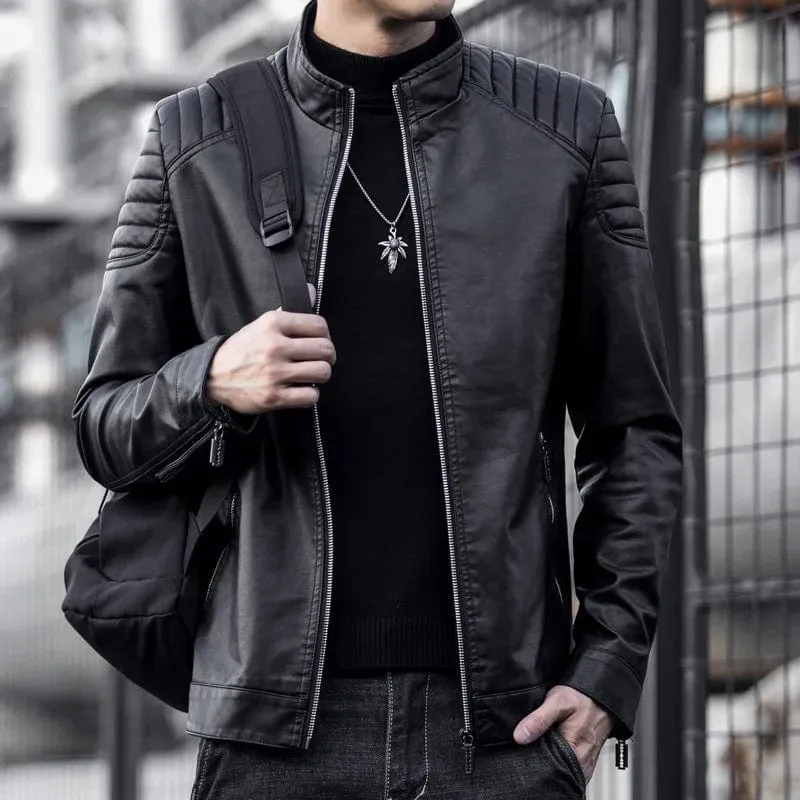 Men's PU Leather Motorcycle Jacket | Stand Collar Casual Windbreaker | Trendy Black and Blue