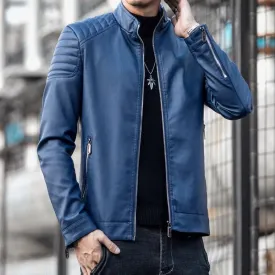 Men's PU Leather Motorcycle Jacket | Stand Collar Casual Windbreaker | Trendy Black and Blue