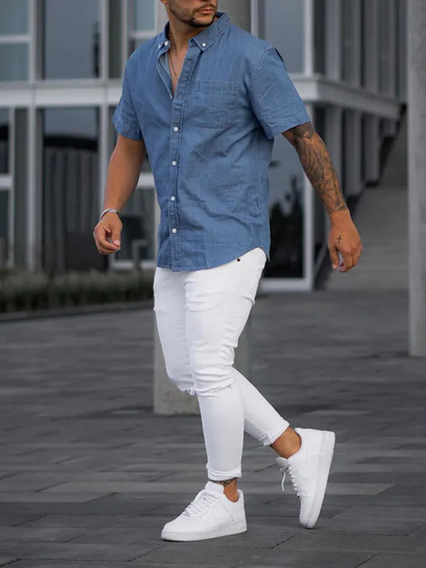 Men's Solid Color Faux Denim Shirt Short Sleeve T-Shirt Casual Loose T-Shirt