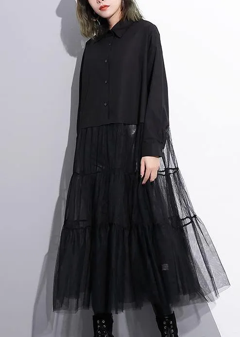 Modern black Cotton patchwork tulle fine Runway lapel false two pieces cotton Summer Dresses