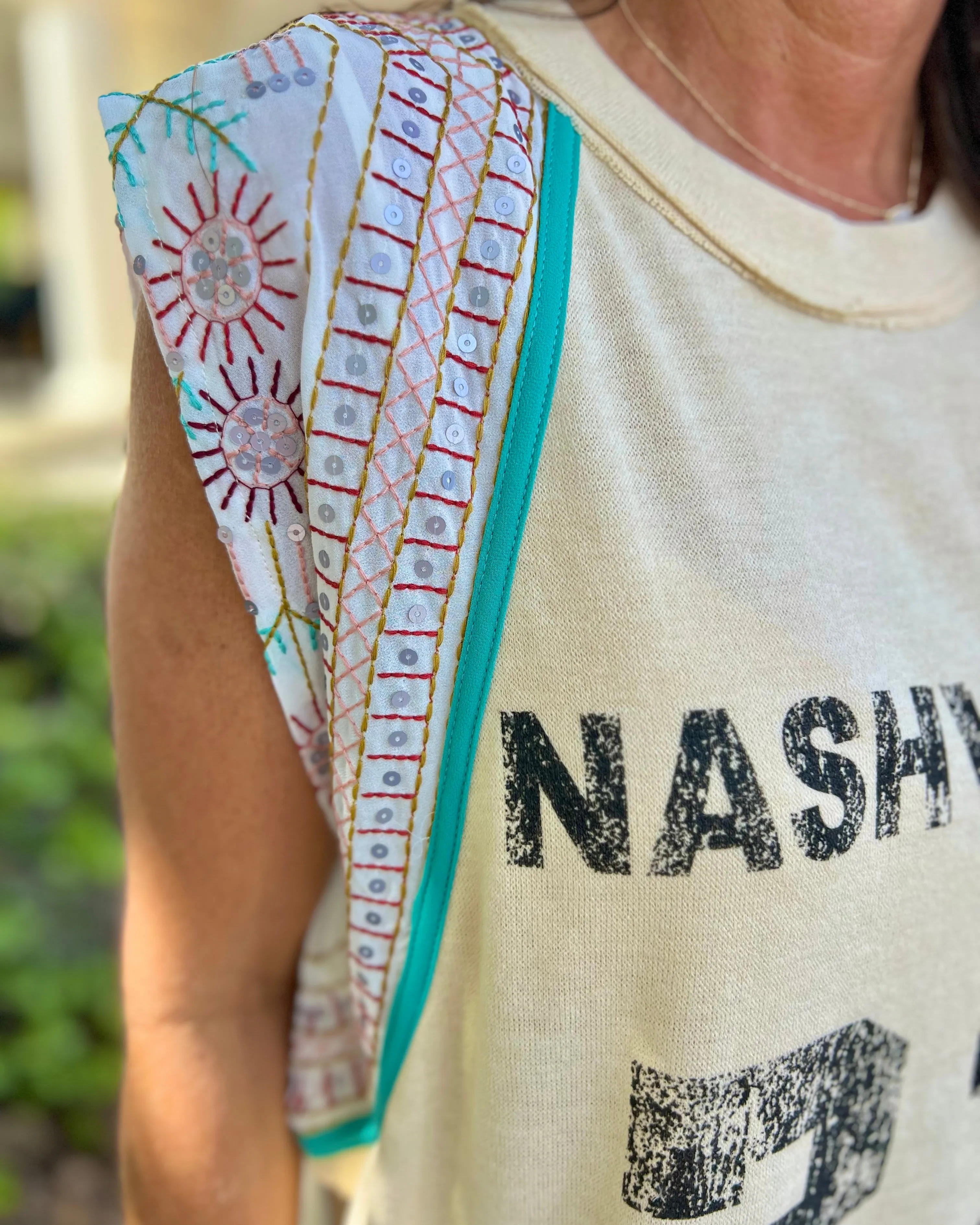 Nashville 27 Beige Crew Neck Contrast Sleeve Top