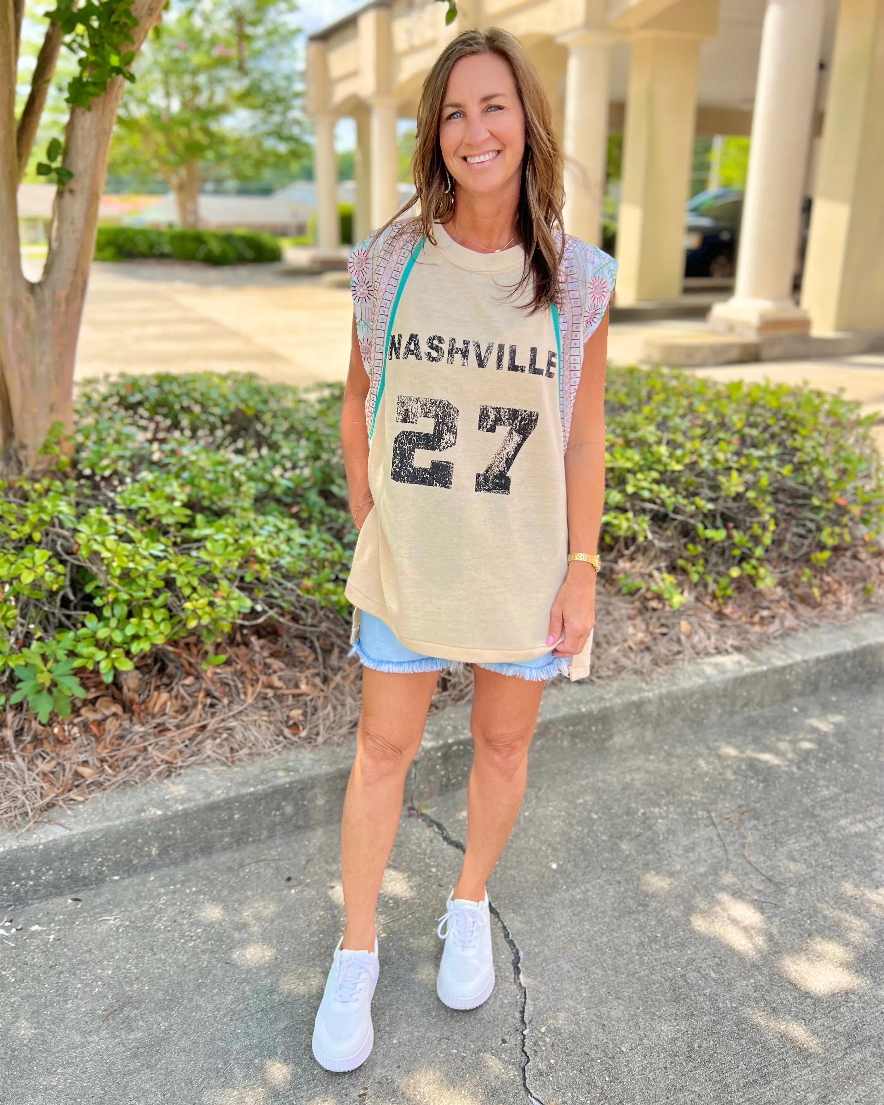 Nashville 27 Beige Crew Neck Contrast Sleeve Top