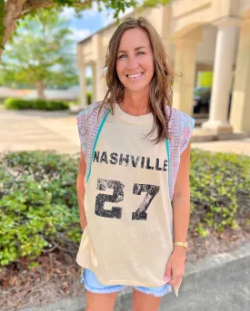 Nashville 27 Beige Crew Neck Contrast Sleeve Top