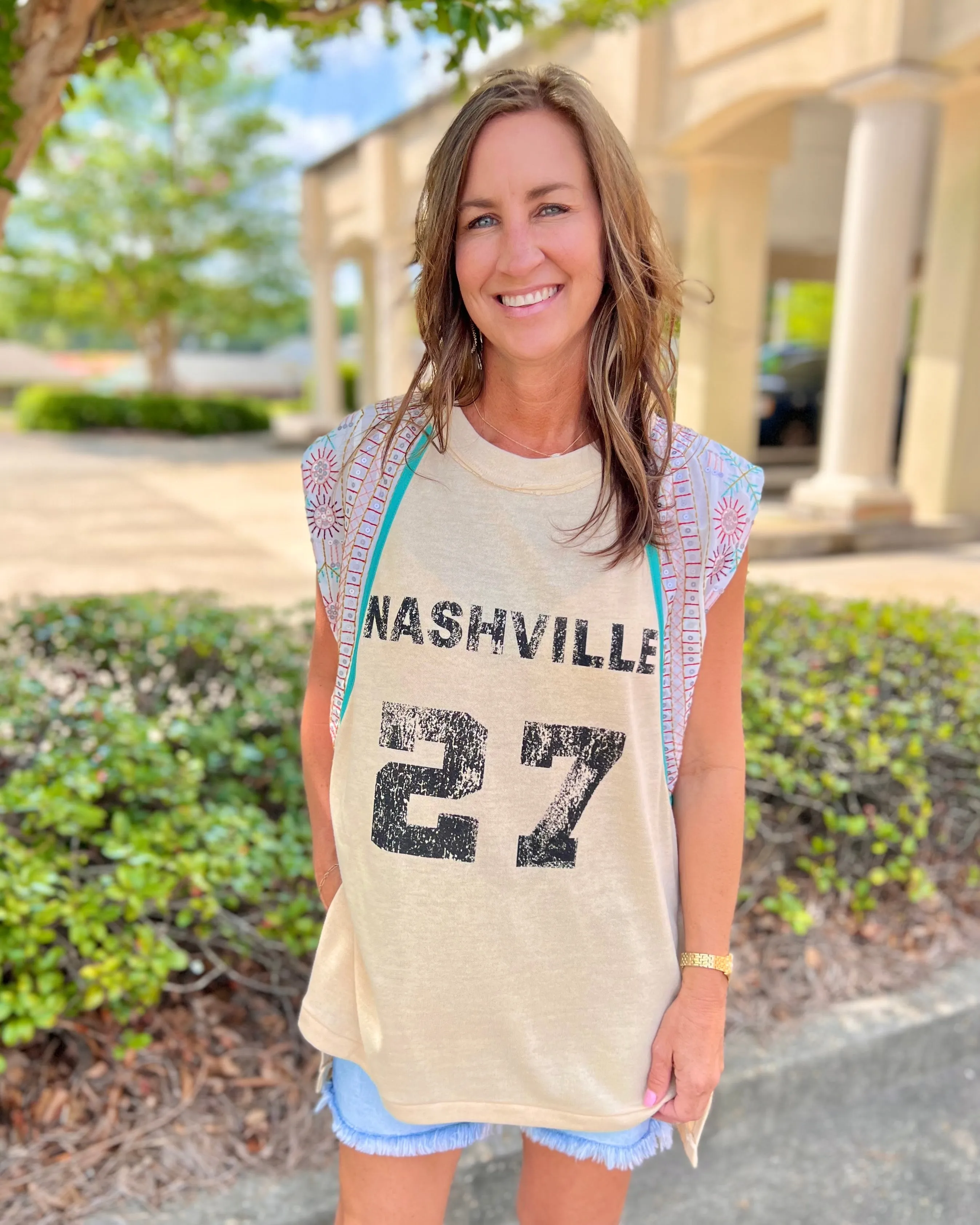 Nashville 27 Beige Crew Neck Contrast Sleeve Top