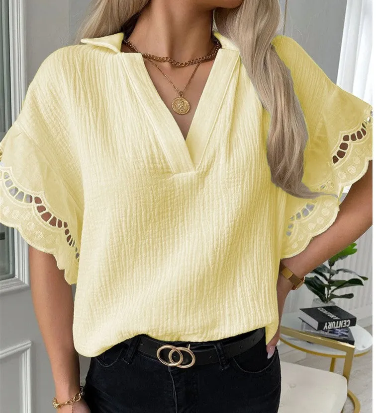 New Summer Lace Trim V Neck Short Sleeve Casual Shirt