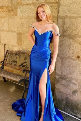 Off Shoulder Mermaid Royal Blue Long Prom Dress with High Slit, Mermaid Royal Blue Formal Dress, Royal Blue Evening Dress1 A2155