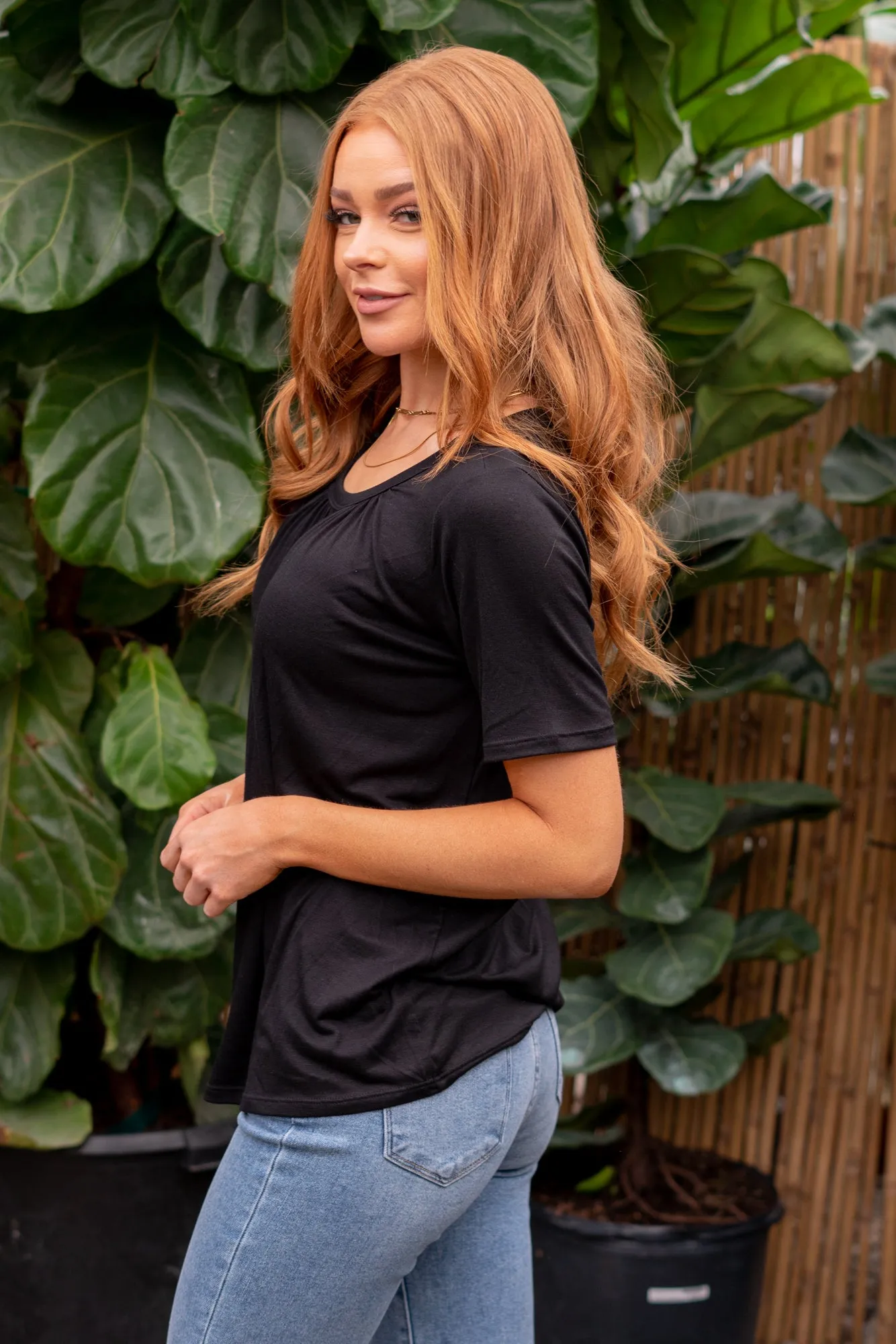 Shirred Crew Neck Top - Black