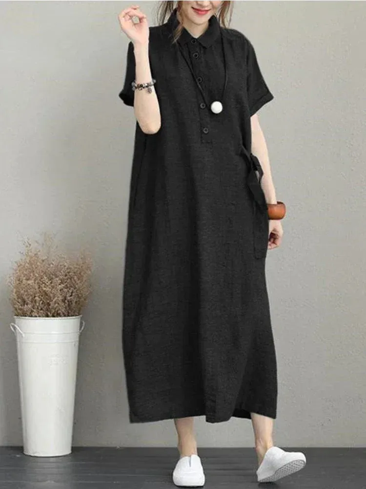 Summer Dress Women Cotton Linen Vintage Casual Loose Oversie Lapel Short-sleeved Dress New In Mid-length Long Dress for Women