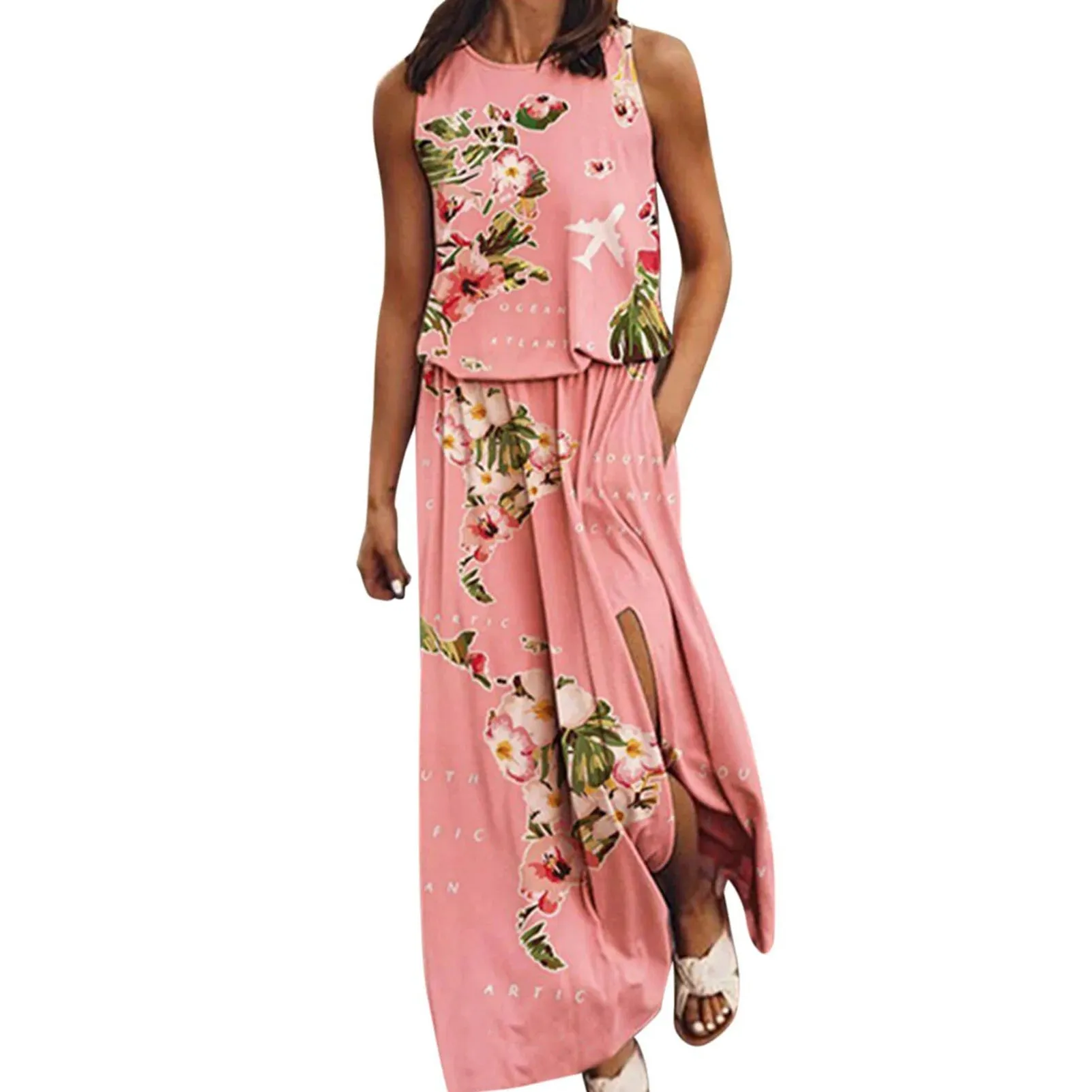 Summer Women Long Maxi Dress Beach Dresses Sleeveless Casual Floral Sundress 2023 Green Summer Vacation Clothes Boho Tank Dress