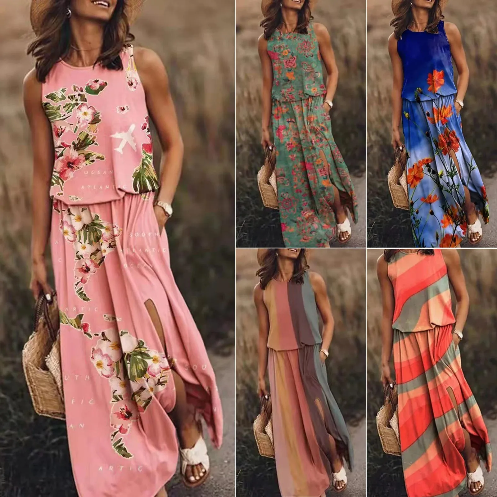 Summer Women Long Maxi Dress Beach Dresses Sleeveless Casual Floral Sundress 2023 Green Summer Vacation Clothes Boho Tank Dress