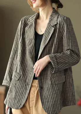 Vintage light button pockets V Neck Striped Coats Long Sleeve