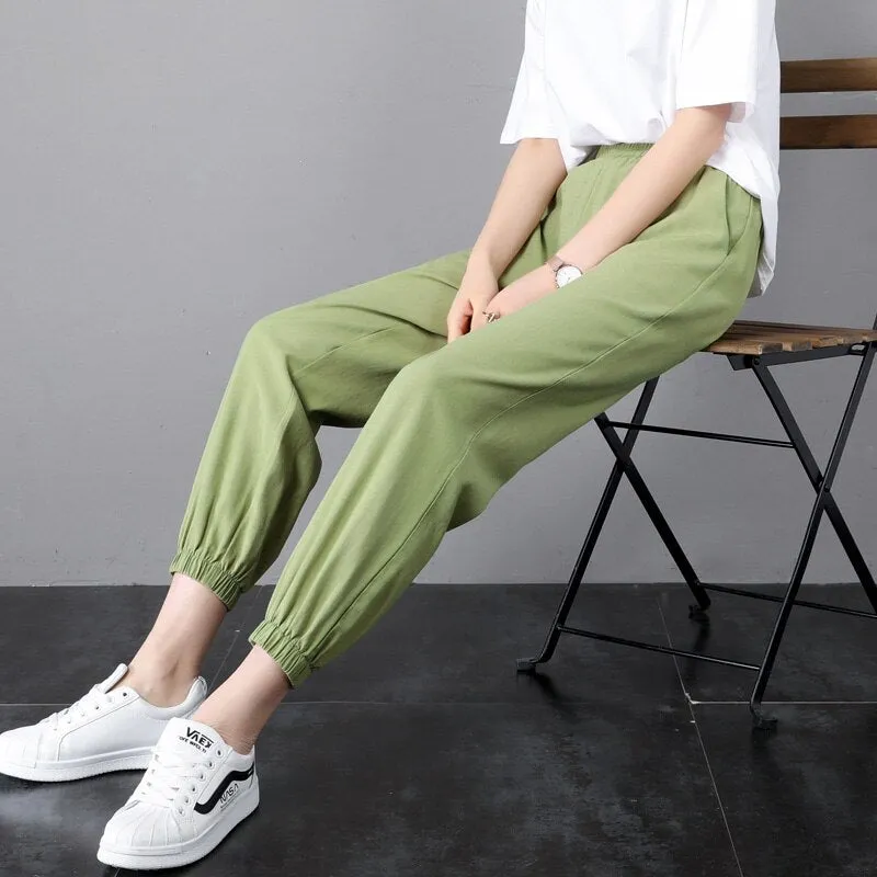 Wjczt 2022 New Ice Silk Sports Pants Student Women'S 9 Point Casual Summer Style Loose And Thin Mosquito Proof Lantern Trousers Female