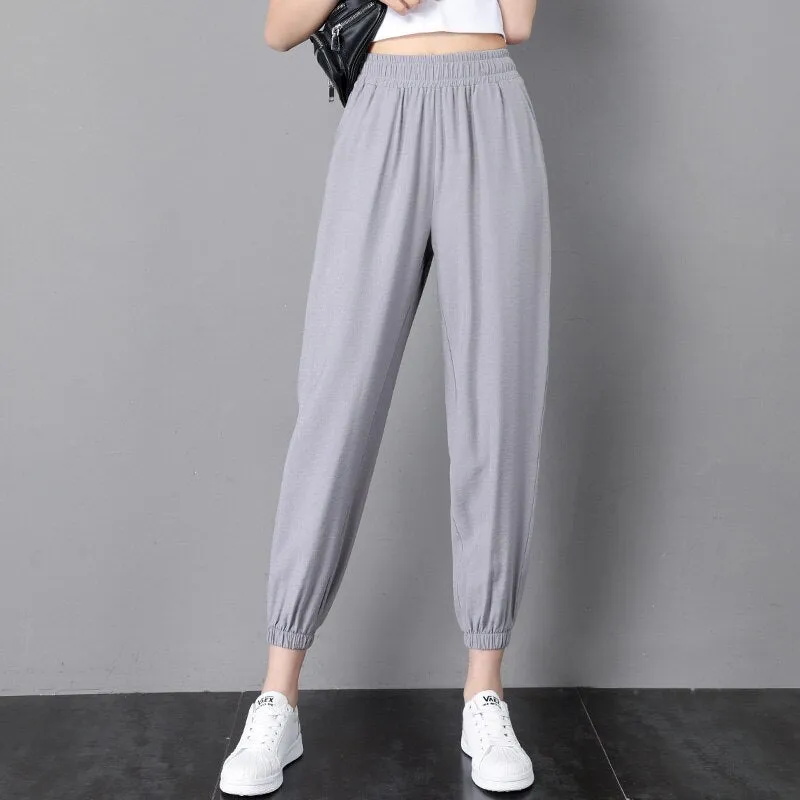 Wjczt 2022 New Ice Silk Sports Pants Student Women'S 9 Point Casual Summer Style Loose And Thin Mosquito Proof Lantern Trousers Female