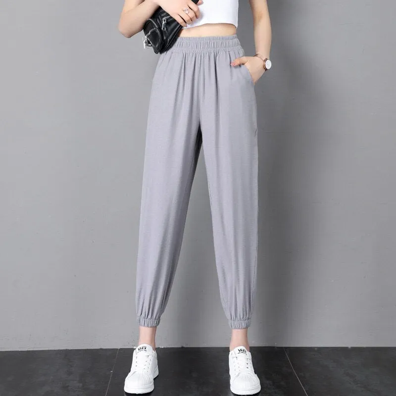 Wjczt 2022 New Ice Silk Sports Pants Student Women'S 9 Point Casual Summer Style Loose And Thin Mosquito Proof Lantern Trousers Female