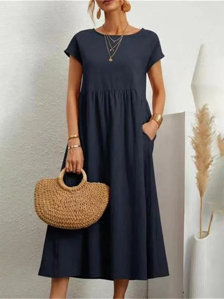 Women Elegant Solid Maxi Dress Summer Short Sleeve O Neck Vintage Harajuku Cotton Linen Loose Sundress Y2K Pockets Long Dress