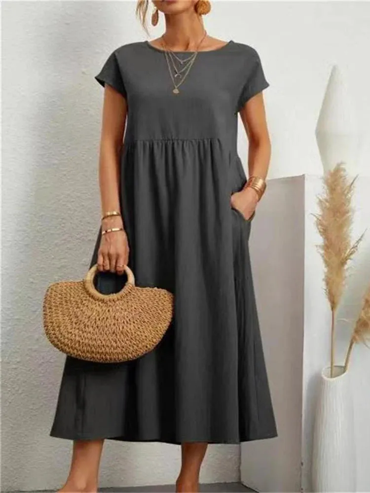 Women Elegant Solid Maxi Dress Summer Short Sleeve O Neck Vintage Harajuku Cotton Linen Loose Sundress Y2K Pockets Long Dress