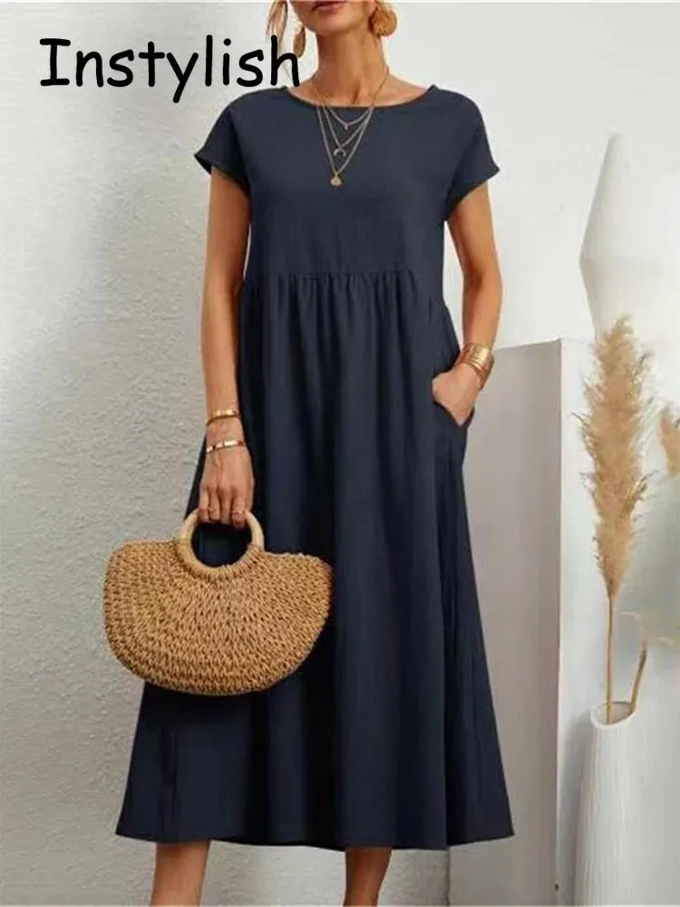 Women Elegant Solid Maxi Dress Summer Short Sleeve O Neck Vintage Harajuku Cotton Linen Loose Sundress Y2K Pockets Long Dress