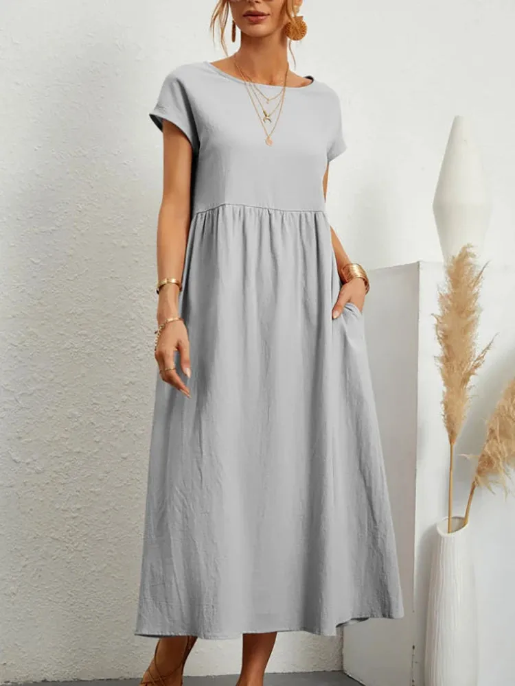 Women Elegant Solid Maxi Dress Summer Short Sleeve O Neck Vintage Harajuku Cotton Linen Loose Sundress Y2K Pockets Long Dress