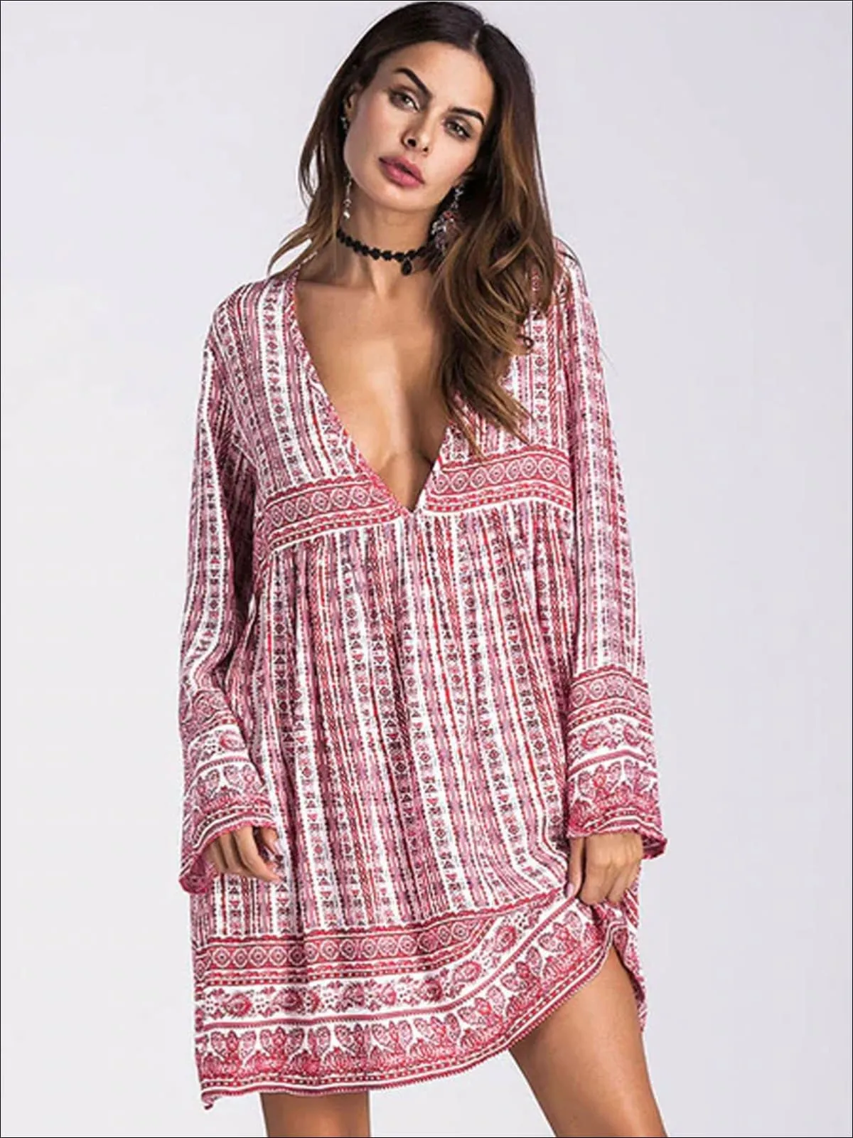 Women's Plunge Neckline Loose Boho Dress