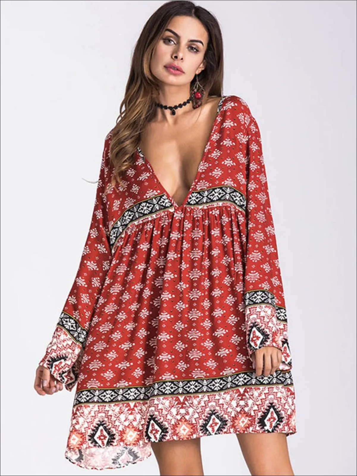 Women's Plunge Neckline Loose Boho Dress