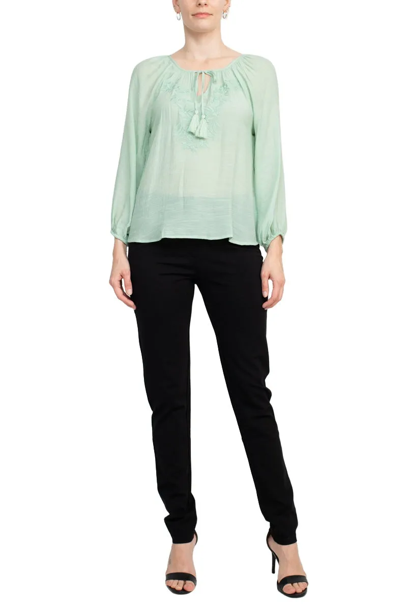 Zac & Rachel Crew Neck Tie Neck Long Sleeve Solid Rayon Blouse