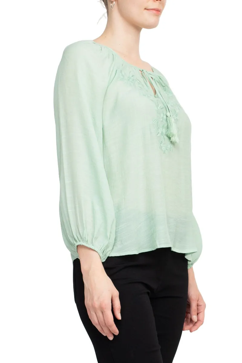 Zac & Rachel Crew Neck Tie Neck Long Sleeve Solid Rayon Blouse